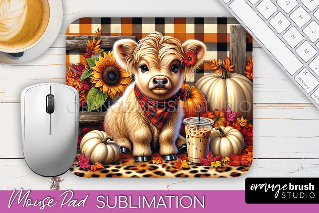 Highland Cow Mouse Pad, Fall Sunflower Sublimation Mousepad Sublimation OrangeBrushStudio 
