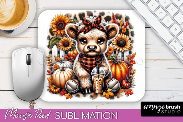 Highland Cow Mouse Pad, Fall Sunflower Sublimation Mousepad Sublimation OrangeBrushStudio 