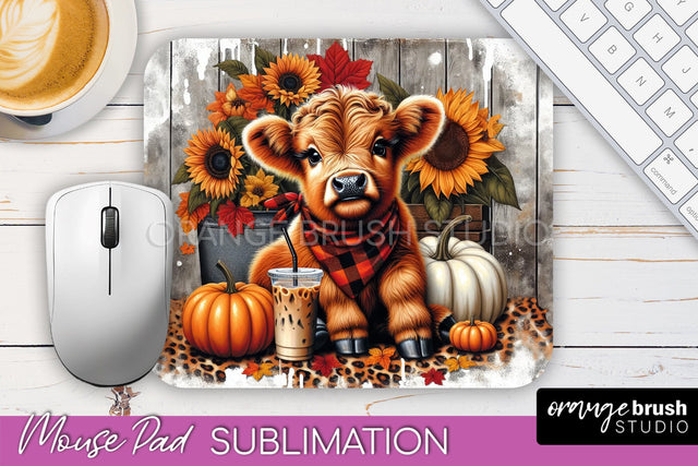 Highland Cow Mouse Pad, Fall Sunflower Sublimation Mousepad Sublimation OrangeBrushStudio 