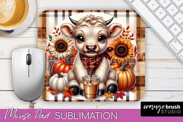 Highland Cow Mouse Pad, Fall Sunflower Sublimation Mousepad Sublimation OrangeBrushStudio 