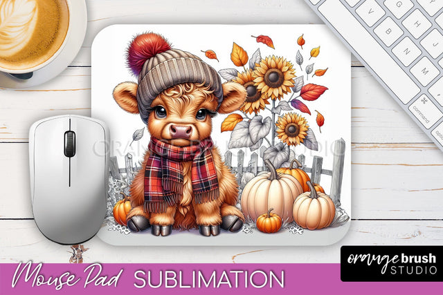 Highland Cow Mouse Pad, Fall Sunflower Sublimation Mousepad Sublimation OrangeBrushStudio 