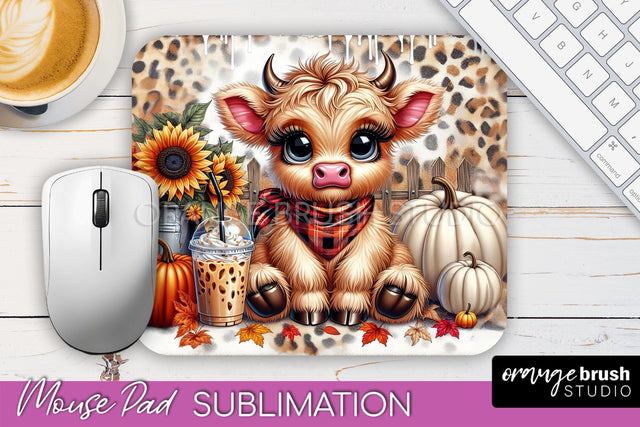 Highland Cow Mouse Pad, Fall Sunflower Sublimation Mousepad Sublimation OrangeBrushStudio 