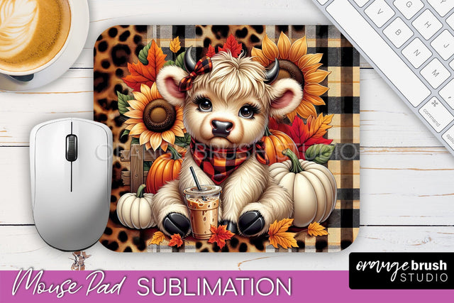 Highland Cow Mouse Pad, Fall Sunflower Sublimation Mousepad Sublimation OrangeBrushStudio 