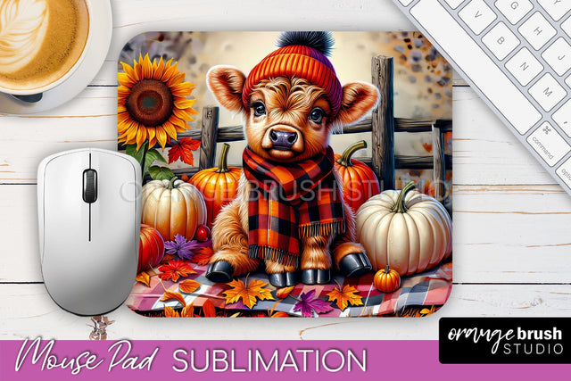 Highland Cow Mouse Pad, Fall Sunflower Sublimation Mousepad Sublimation OrangeBrushStudio 