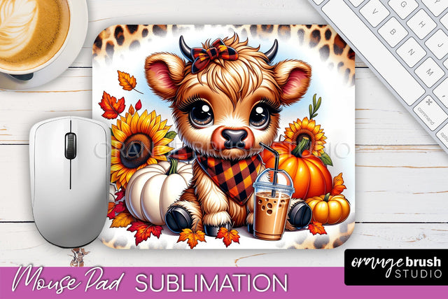 Highland Cow Mouse Pad, Fall Sunflower Sublimation Mousepad Sublimation OrangeBrushStudio 
