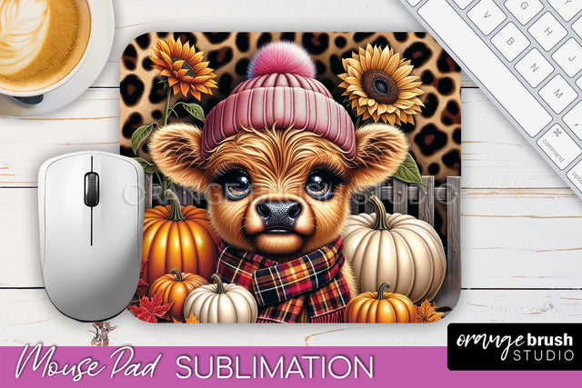 Highland Cow Mouse Pad, Fall Sunflower Sublimation Mousepad Sublimation OrangeBrushStudio 