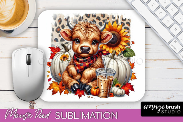 Highland Cow Mouse Pad, Fall Sunflower Sublimation Mousepad Sublimation OrangeBrushStudio 