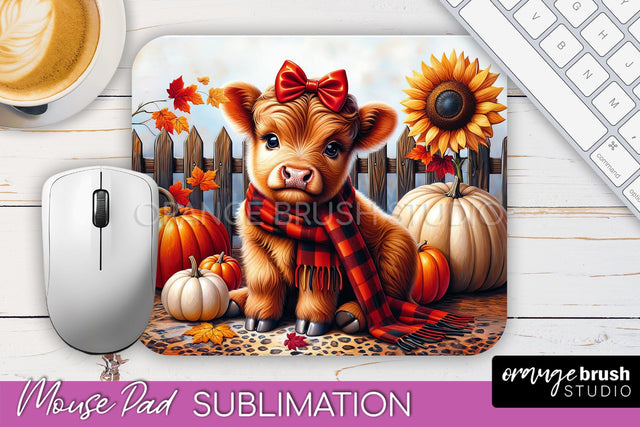 Highland Cow Mouse Pad, Fall Sunflower Sublimation Mousepad Sublimation OrangeBrushStudio 
