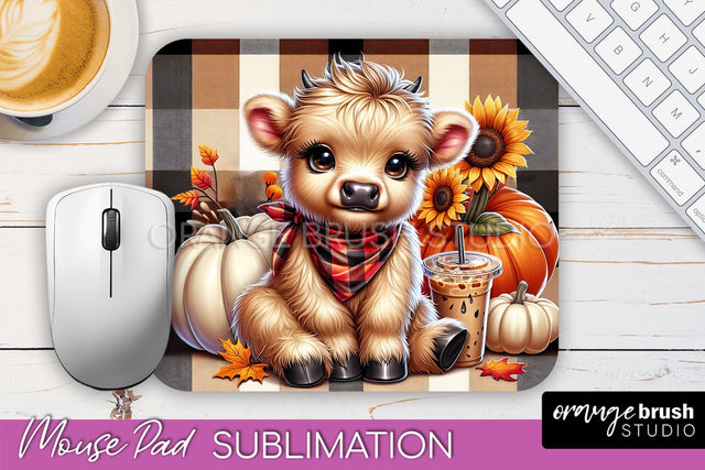 Highland Cow Mouse Pad, Fall Sunflower Sublimation Mousepad Sublimation OrangeBrushStudio 