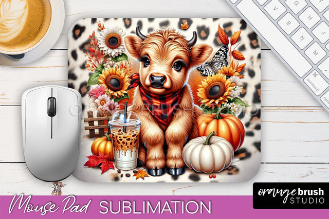 Highland Cow Mouse Pad, Fall Sunflower Sublimation Mousepad Sublimation OrangeBrushStudio 