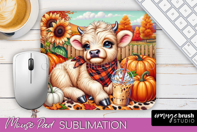 Highland Cow Mouse Pad, Fall Sunflower Sublimation Mousepad Sublimation OrangeBrushStudio 
