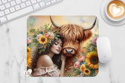 Highland Cow Mouse Pad - Sunflower Mousepad Sublimation PNG Sublimation BijouBay 