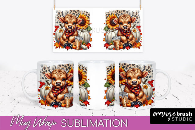 Highland Cow Mug Wrap Fall Sunflower Mug PNG Sublimation Sublimation OrangeBrushStudio 