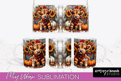 Highland Cow Mug Wrap Fall Sunflower Mug PNG Sublimation Sublimation OrangeBrushStudio 