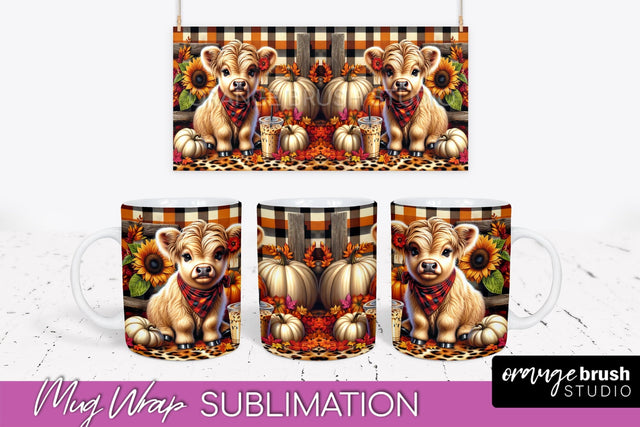 Highland Cow Mug Wrap Fall Sunflower Mug PNG Sublimation Sublimation OrangeBrushStudio 