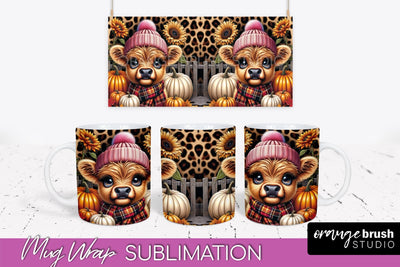 Highland Cow Mug Wrap Fall Sunflower Mug PNG Sublimation Sublimation OrangeBrushStudio 
