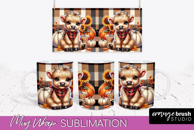 Highland Cow Mug Wrap Fall Sunflower Mug PNG Sublimation Sublimation OrangeBrushStudio 