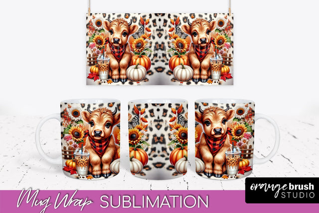Highland Cow Mug Wrap Fall Sunflower Mug PNG Sublimation Sublimation OrangeBrushStudio 