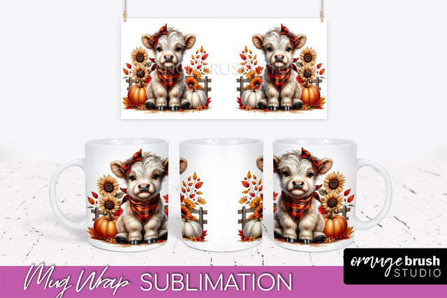 Highland Cow Mug Wrap Fall Sunflower Mug PNG Sublimation Sublimation OrangeBrushStudio 