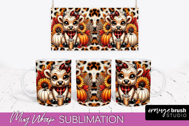 Highland Cow Mug Wrap Fall Sunflower Mug PNG Sublimation Sublimation OrangeBrushStudio 