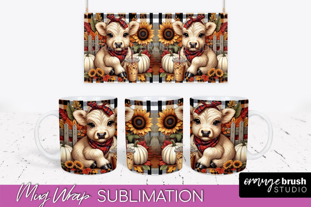 Highland Cow Mug Wrap Fall Sunflower Mug PNG Sublimation Sublimation OrangeBrushStudio 