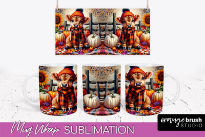 Highland Cow Mug Wrap Fall Sunflower Mug PNG Sublimation Sublimation OrangeBrushStudio 