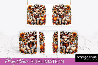 Highland Cow Mug Wrap Fall Sunflower Mug PNG Sublimation Sublimation OrangeBrushStudio 