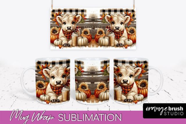 Highland Cow Mug Wrap Fall Sunflower Mug PNG Sublimation Sublimation OrangeBrushStudio 