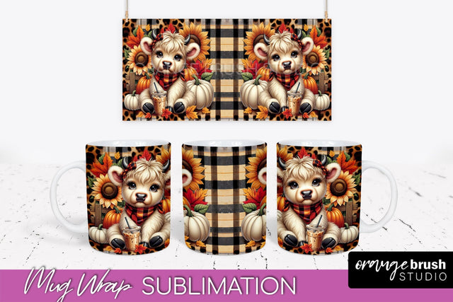 Highland Cow Mug Wrap Fall Sunflower Mug PNG Sublimation Sublimation OrangeBrushStudio 