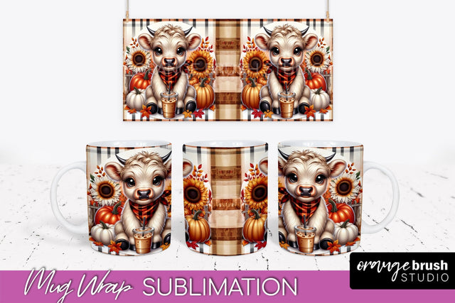 Highland Cow Mug Wrap Fall Sunflower Mug PNG Sublimation Sublimation OrangeBrushStudio 
