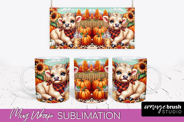 Highland Cow Mug Wrap Fall Sunflower Mug PNG Sublimation Sublimation OrangeBrushStudio 