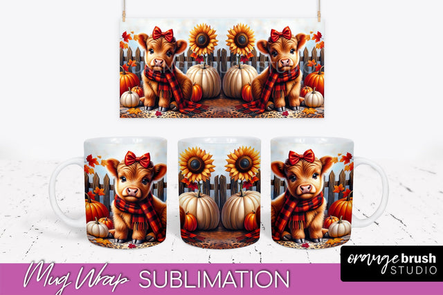 Highland Cow Mug Wrap Fall Sunflower Mug PNG Sublimation Sublimation OrangeBrushStudio 