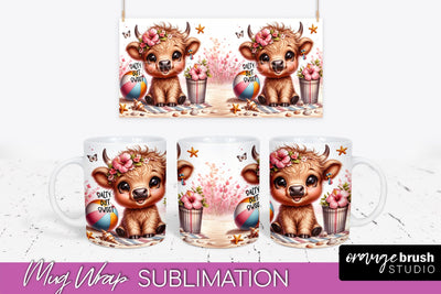 Highland Cow Mug Wrap - Summer Beach Mug Sublimation Sublimation OrangeBrushStudio 