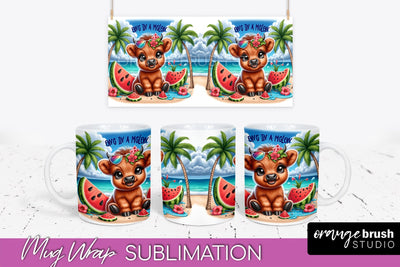 Highland Cow Mug Wrap - Summer Beach Mug Sublimation Sublimation OrangeBrushStudio 