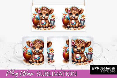 Highland Cow Mug Wrap - Summer Beach Mug Sublimation Sublimation OrangeBrushStudio 