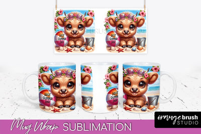 Highland Cow Mug Wrap - Summer Beach Mug Sublimation Sublimation OrangeBrushStudio 