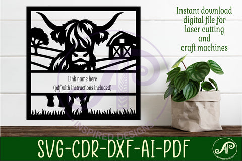 Highland cow name sign design for laser cutting or cards SVG APInspireddesigns 