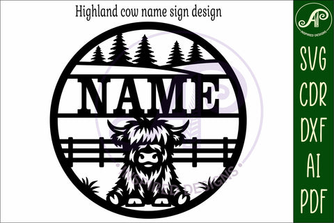 Highland cow name sign design for laser cutting SVG APInspireddesigns 