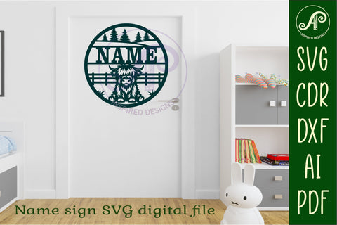 Highland cow name sign design for laser cutting SVG APInspireddesigns 