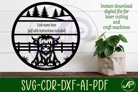 Highland cow name sign design for laser cutting SVG APInspireddesigns 