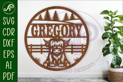 Highland cow name sign design for laser cutting SVG APInspireddesigns 
