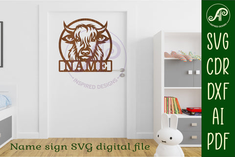 Highland cow name sign svg laser cut template SVG APInspireddesigns 