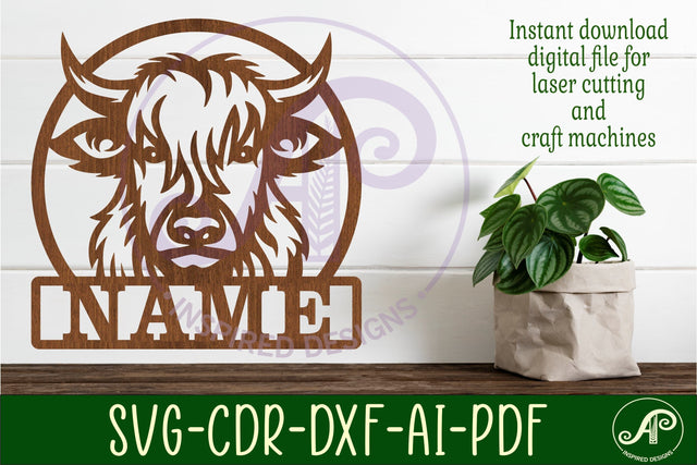 Highland cow name sign svg laser cut template SVG APInspireddesigns 