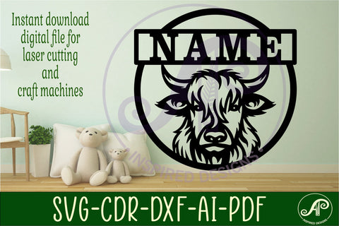 Highland cow name sign svg laser cut template SVG APInspireddesigns 