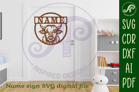 Highland cow name sign svg laser cut template SVG APInspireddesigns 