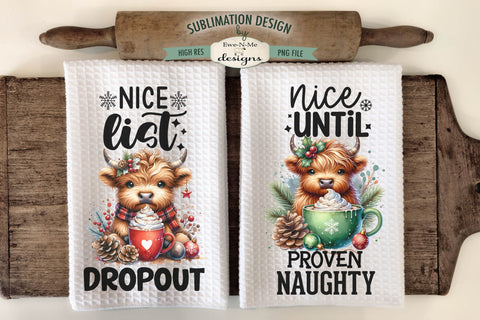 Highland Cow Naughty or Nice Kitchen Towel Sublimation PNG Sublimation Ewe-N-Me Designs 