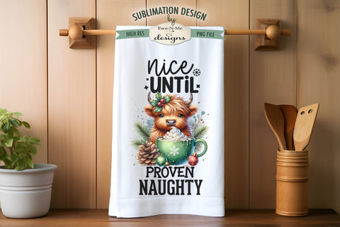 Highland Cow Naughty or Nice Kitchen Towel Sublimation PNG Sublimation Ewe-N-Me Designs 