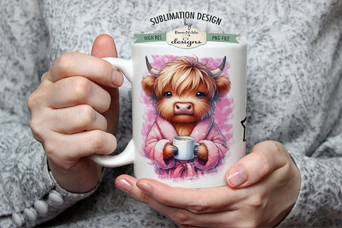 Highland Cow Need Coffee Pink Sublimation Mug - 11 & 15 oz. PNG Sublimation Ewe-N-Me Designs 
