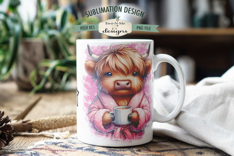 Highland Cow Need Coffee Pink Sublimation Mug - 11 & 15 oz. PNG Sublimation Ewe-N-Me Designs 