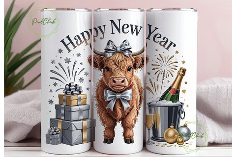 Highland Cow New Year 20oz Tumbler Wrap Sublimation PixelChick 